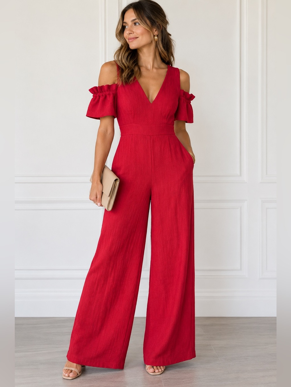 Club Monaco Red Cold Shoulder Wide Leg Jumpsuit Size 2